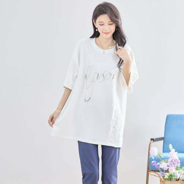 【N12-490|M〜L対応】パールビジュー&レース ロゴTシャツ|フェミニンカットソー・春夏トップス