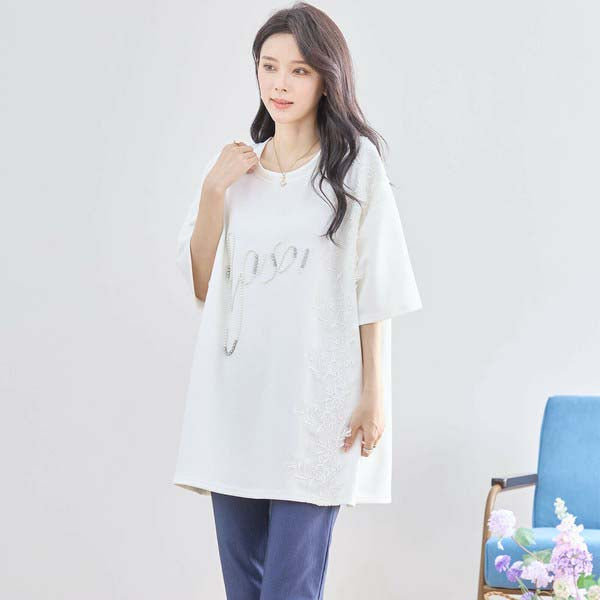 【N12-490|M〜L対応】パールビジュー&レース ロゴTシャツ|フェミニンカットソー・春夏トップス