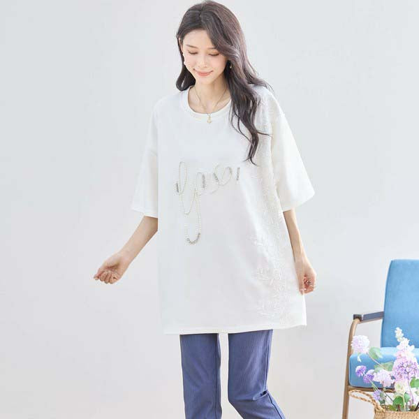 【N12-490|M〜L対応】パールビジュー&レース ロゴTシャツ|フェミニンカットソー・春夏トップス