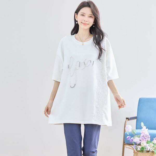 【N12-490|M〜L対応】パールビジュー&レース ロゴTシャツ|フェミニンカットソー・春夏トップス