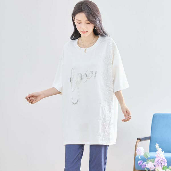 【N12-490|M〜L対応】パールビジュー&レース ロゴTシャツ|フェミニンカットソー・春夏トップス