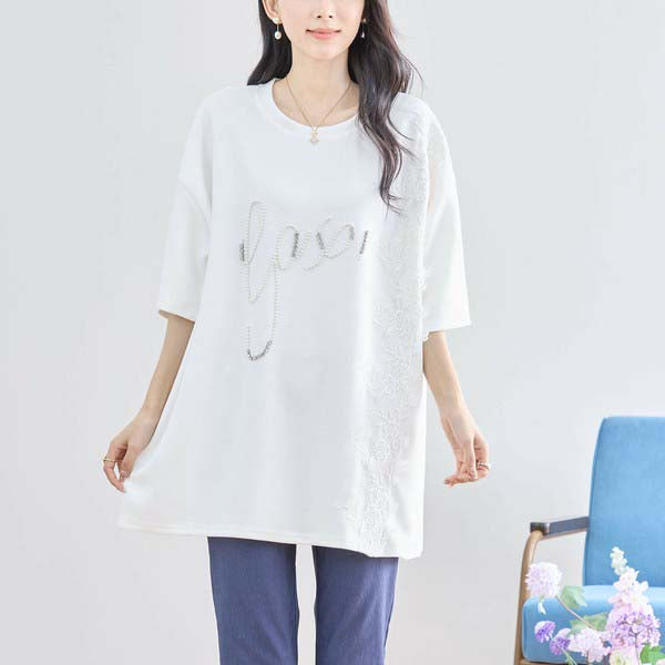 【N12-490|M〜L対応】パールビジュー&レース ロゴTシャツ|フェミニンカットソー・春夏トップス