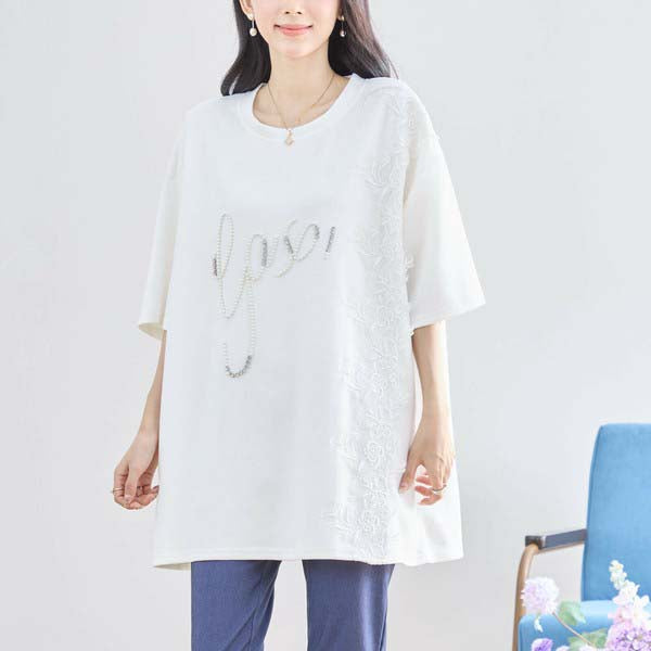 【N12-490|M〜L対応】パールビジュー&レース ロゴTシャツ|フェミニンカットソー・春夏トップス