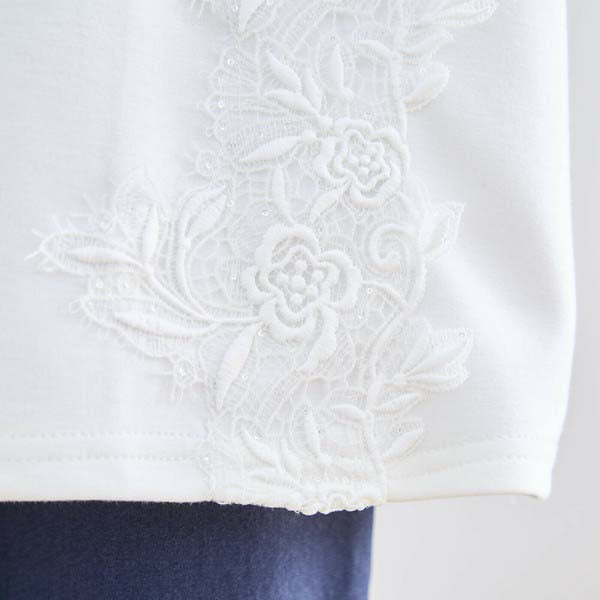 【N12-490|M〜L対応】パールビジュー&レース ロゴTシャツ|フェミニンカットソー・春夏トップス