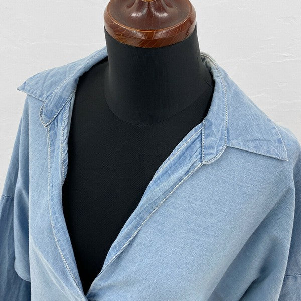 【綿100%・涼感デニム】スキッパー襟 7分袖ブラウス|レディース トップス 春夏