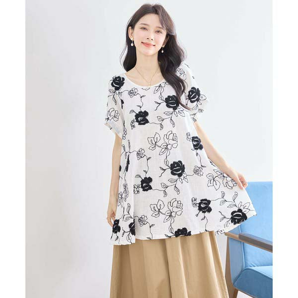【綿100%×刺しゅう】花柄コットンチュニック M〜L対応|春夏トップス
