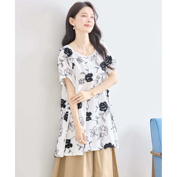 【綿100%×刺しゅう】花柄コットンチュニック M〜L対応|春夏トップス