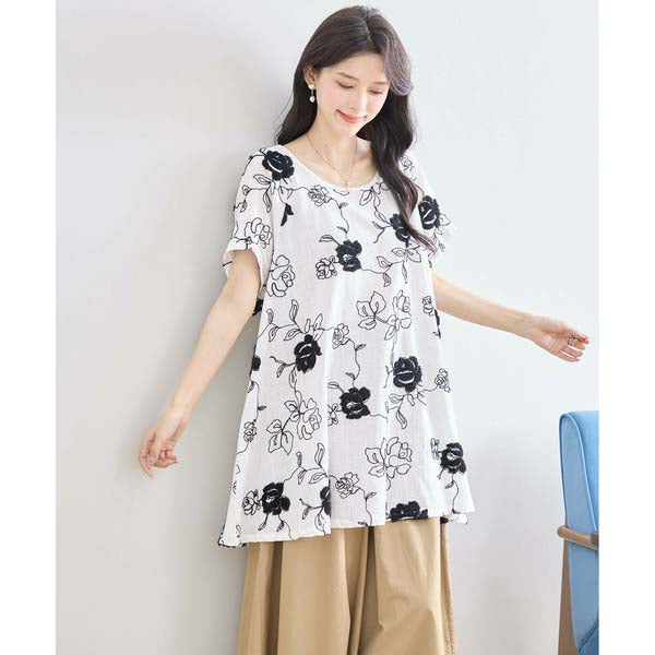 【綿100%×刺しゅう】花柄コットンチュニック M〜L対応|春夏トップス