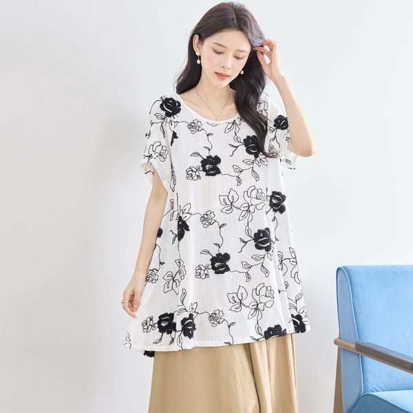 【綿100%×刺しゅう】花柄コットンチュニック M〜L対応|春夏トップス