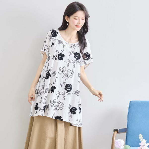【綿100%×刺しゅう】花柄コットンチュニック M〜L対応|春夏トップス