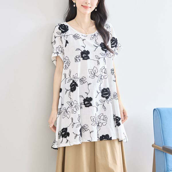【綿100%×刺しゅう】花柄コットンチュニック M〜L対応|春夏トップス
