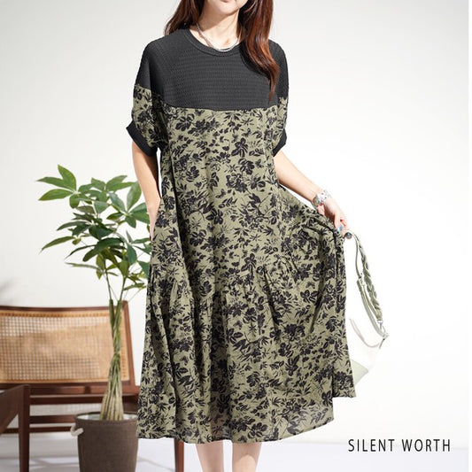 ブラック モノトーン 花柄 異素材切替 アシメ ギャザー ワンピース 半袖 M