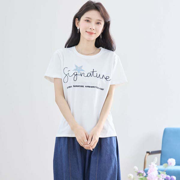 【M〜L】ラインストーン&スパンコールデザイン Tシャツ カットソー (N12-413)