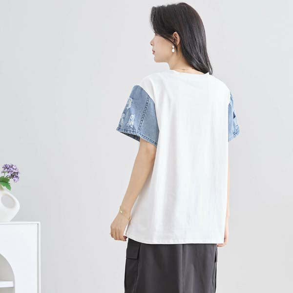 【M〜L】デニム 袖 切り替え ラインストーン キャプ T-シャツ カットソー (N12-428)