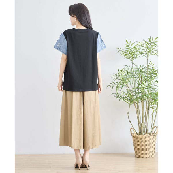 【M〜L】デニム 袖 切り替え ラインストーン キャプ T-シャツ カットソー (N12-428)