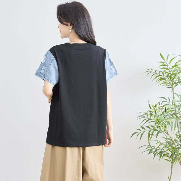 【M〜L】デニム 袖 切り替え ラインストーン キャプ T-シャツ カットソー (N12-428)