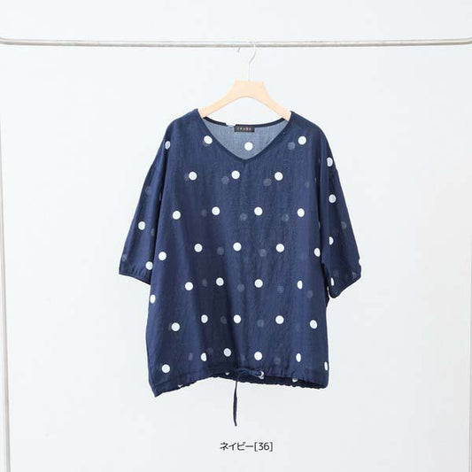 【綿100%・ゆったり5分袖】ドット柄コットンプルオーバー|M〜L対応 レディーストップス カジュアル ナチュラル(N13-076A)