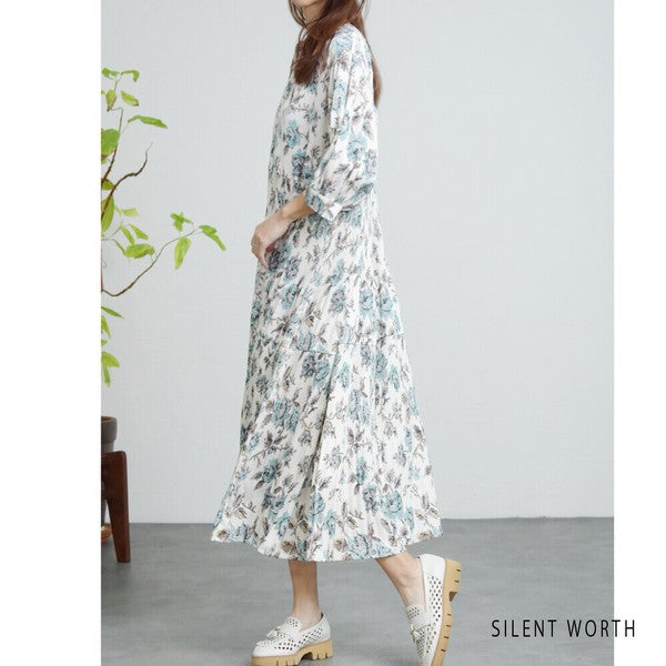 【M】花柄プリーツ切替ワンピース|優雅な揺れ感・大人フェミニン・SILENT WORTH N-3115
