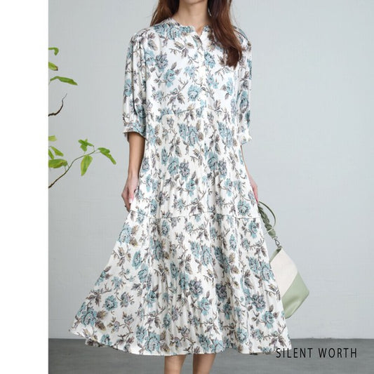 【M】花柄プリーツ切替ワンピース|優雅な揺れと大人の華やかさを演出する夏ワンピース C-3268