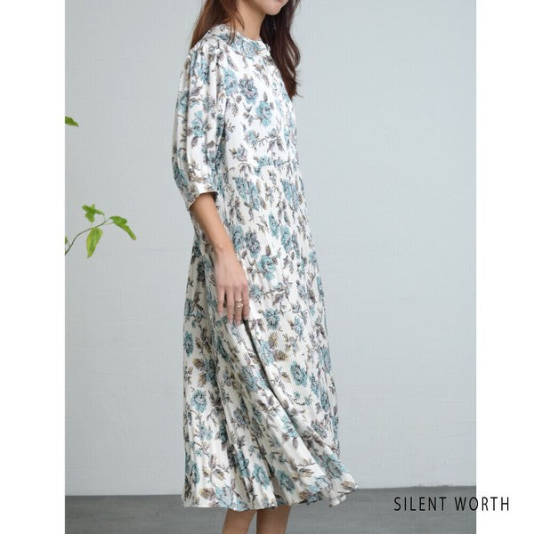【M】花柄プリーツ切替ワンピース|優雅な揺れ感・大人フェミニン・SILENT WORTH N-3115