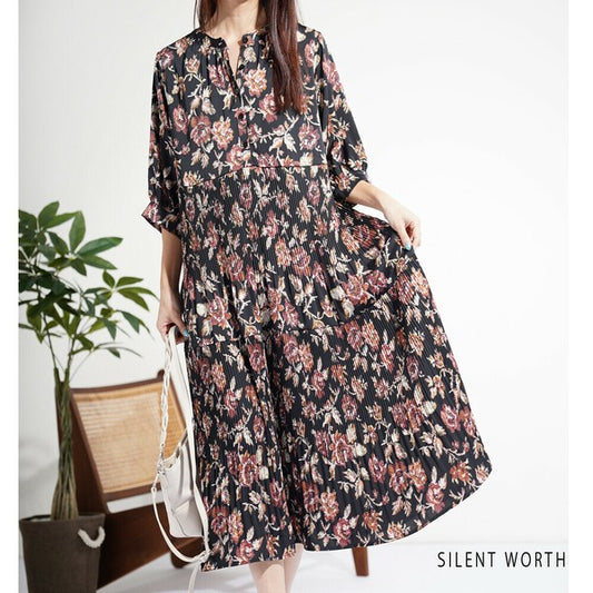 【M】花柄プリーツ切替ワンピース|優雅な揺れと大人の華やかさを演出する夏ワンピース C-3268