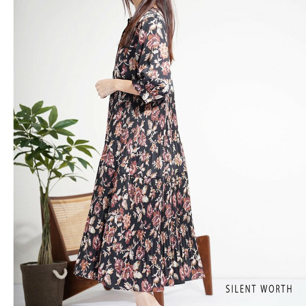 【M】花柄プリーツ切替ワンピース|優雅な揺れ感・大人フェミニン・SILENT WORTH N-3115