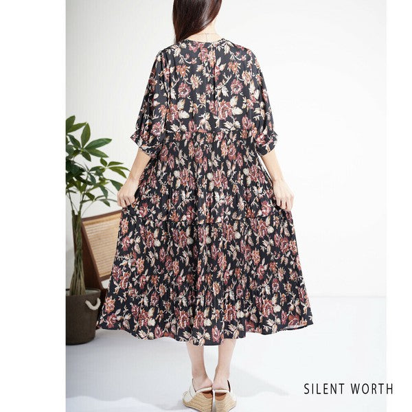 【M】花柄プリーツ切替ワンピース|優雅な揺れ感・大人フェミニン・SILENT WORTH N-3115