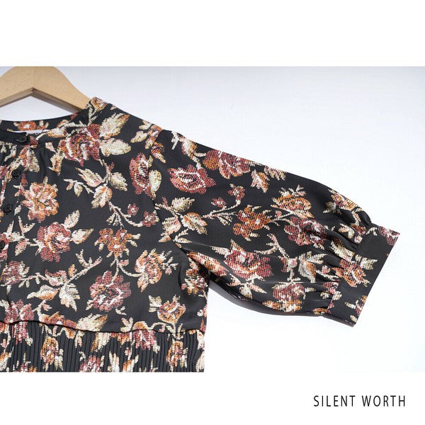 【M】花柄プリーツ切替ワンピース|優雅な揺れ感・大人フェミニン・SILENT WORTH N-3115