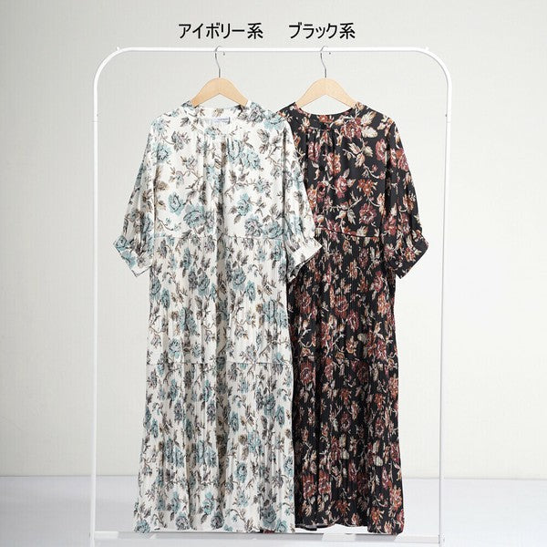 【M】花柄プリーツ切替ワンピース|優雅な揺れ感・大人フェミニン・SILENT WORTH N-3115