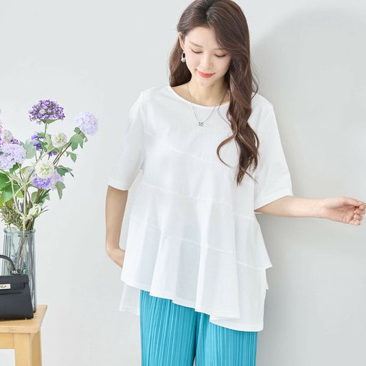 【L〜LL対応】イレギュラーティアードコットントップス|体型カバー・涼しげ・綿100%・C01-353A