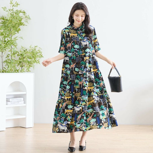 【L〜LL】ポリエステル・サファリ柄Aラインロングワンピース|アニマル&ボタニカル柄・ゆったりシルエット・半袖・C38-856C