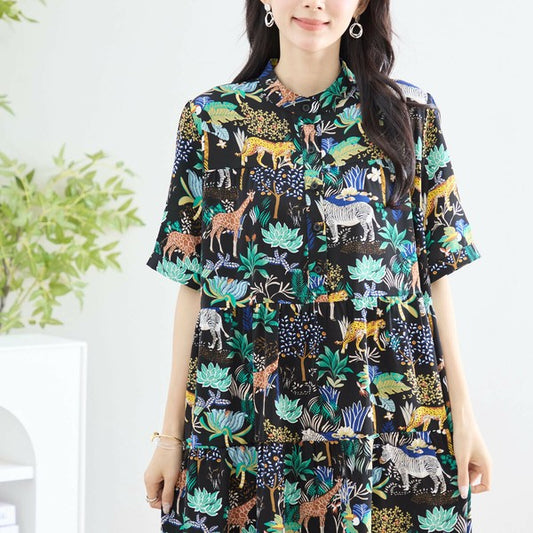 【L〜LL】ポリエステル・サファリ柄Aラインロングワンピース|アニマル&ボタニカル柄・ゆったりシルエット・半袖・C38-856C