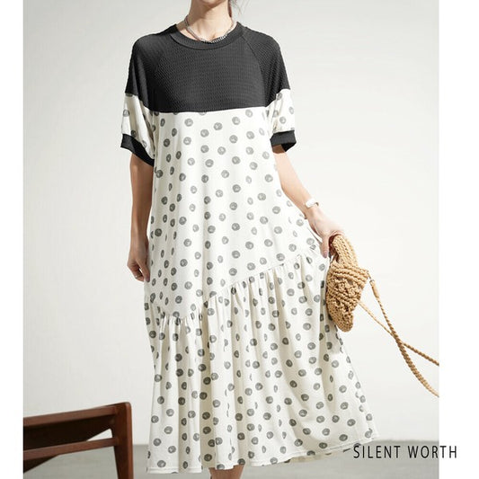 【Mサイズ】異素材配色ドット柄アシメギャザーワンピース|体型カバー・華やか・ドット・大人ワンピース C-3313