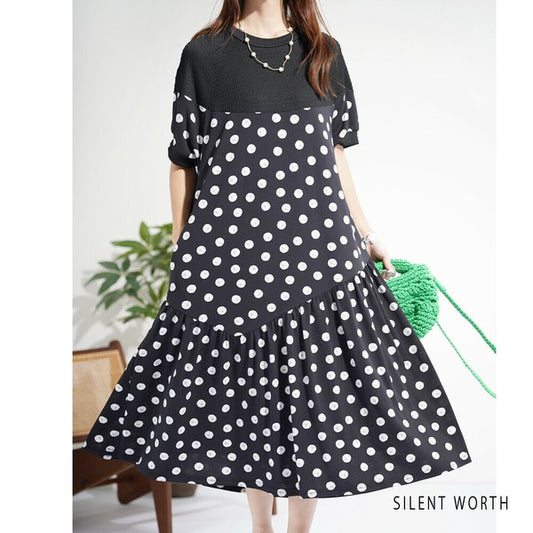 【Mサイズ】異素材配色ドット柄アシメギャザーワンピース|体型カバー・華やか・ドット・大人ワンピース C-3313