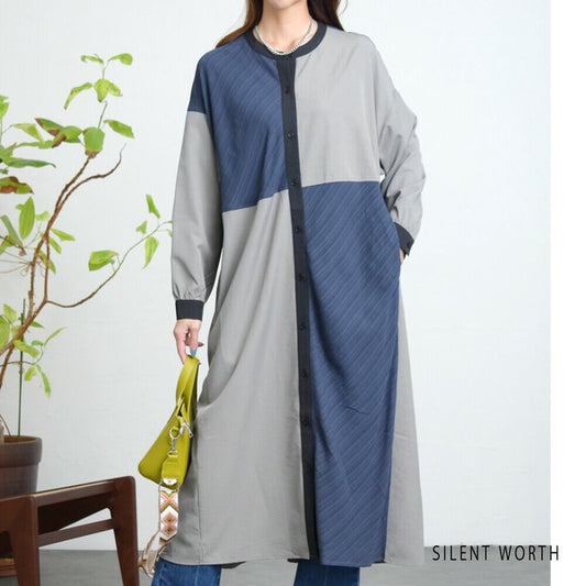 【Mサイズ】ジャカード切替・ブロッキングデザインシャツワンピース|軽やか素材・秋に◎・SILENT WORTH・N-3101