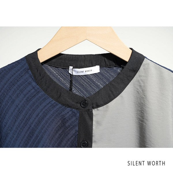 【Mサイズ】ジャカード切替・ブロッキングデザインシャツワンピース|軽やか素材・秋に◎・SILENT WORTH・N-3101