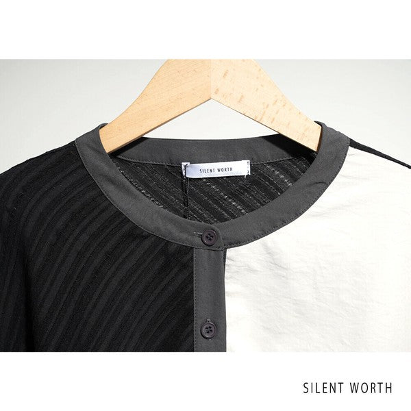 【Mサイズ】ジャカード切替・ブロッキングデザインシャツワンピース|軽やか素材・秋に◎・SILENT WORTH・N-3101
