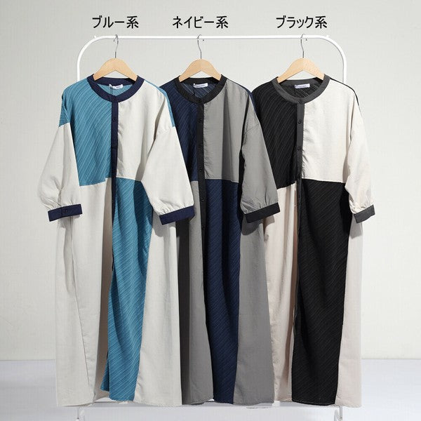 【Mサイズ】ジャカード切替・ブロッキングデザインシャツワンピース|軽やか素材・秋に◎・SILENT WORTH・N-3101