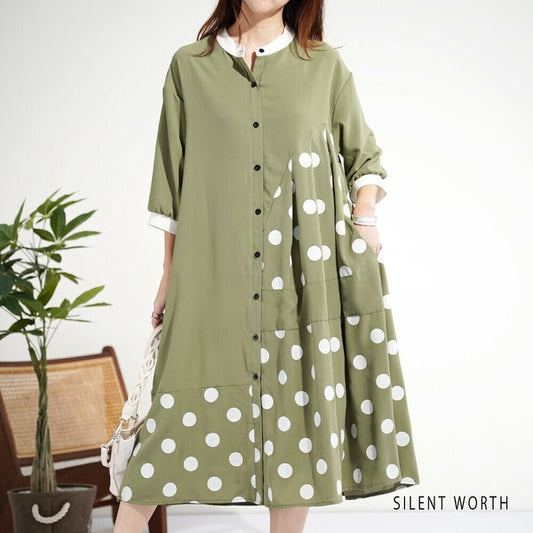 【ゆったりM】SILENT WORTH ドット柄切替シャツワンピース|体型カバー・秋・N-3122
