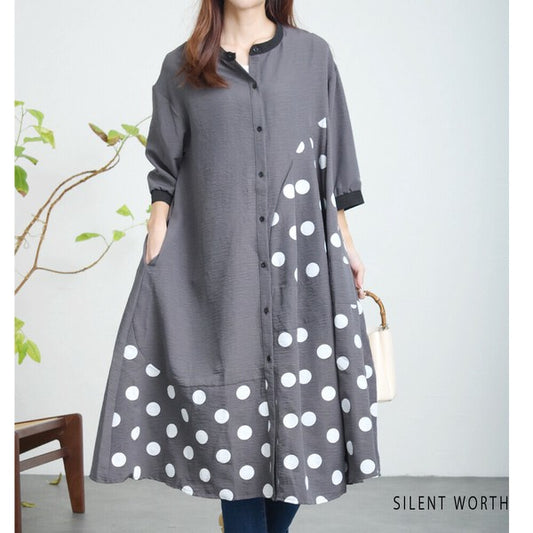 【ゆったりM】SILENT WORTH ドット柄切替シャツワンピース|体型カバー・秋・N-3122
