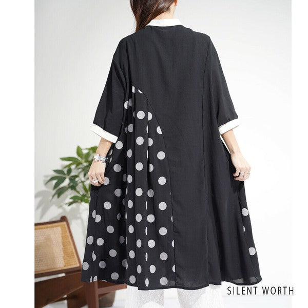 【ゆったりM】SILENT WORTH ドット柄切替シャツワンピース|体型カバー・秋・N-3122