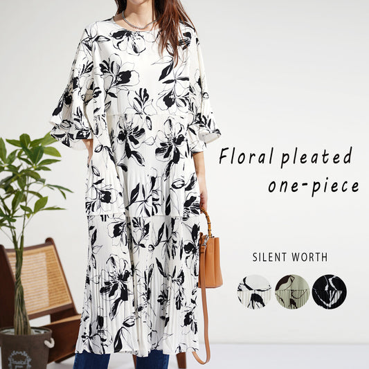 【M】消しプリーツ・大判花柄ワンピース|軽やか素材・華やぎスタイル・N-3124