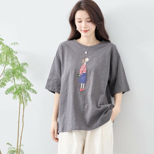 【L〜LL】スラブ綿素材×ガールズアップリケカットソー|涼感ゆったりTシャツ C01-460B