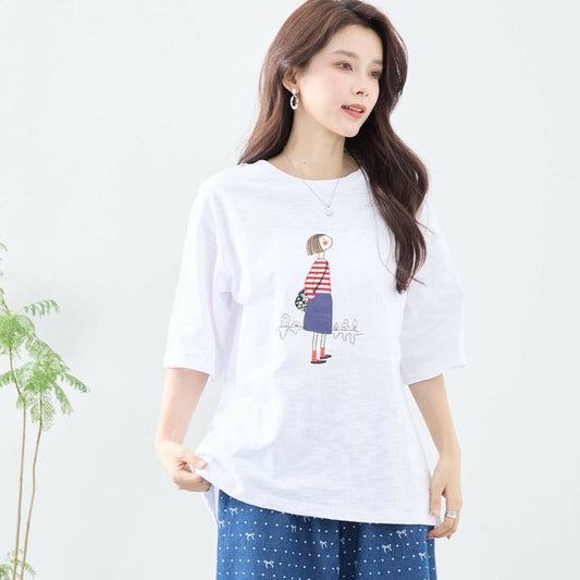 【L〜LL】スラブ綿素材×ガールズアップリケカットソー|涼感ゆったりTシャツ C01-460B