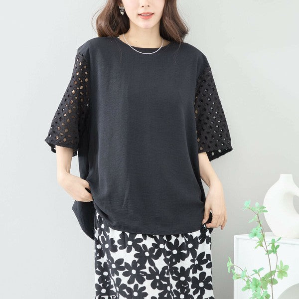 【L〜LL対応】カットワーク刺繍スリーブトップス|ゆったりめ 夏 涼しい 半袖 ブラウス ポリエステル 綿 C31-1730A