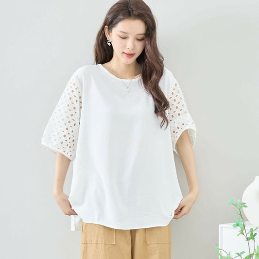 【L〜LL対応】カットワーク刺繍スリーブトップス|ゆったりめ 夏 涼しい 半袖 ブラウス ポリエステル 綿 C31-1730A