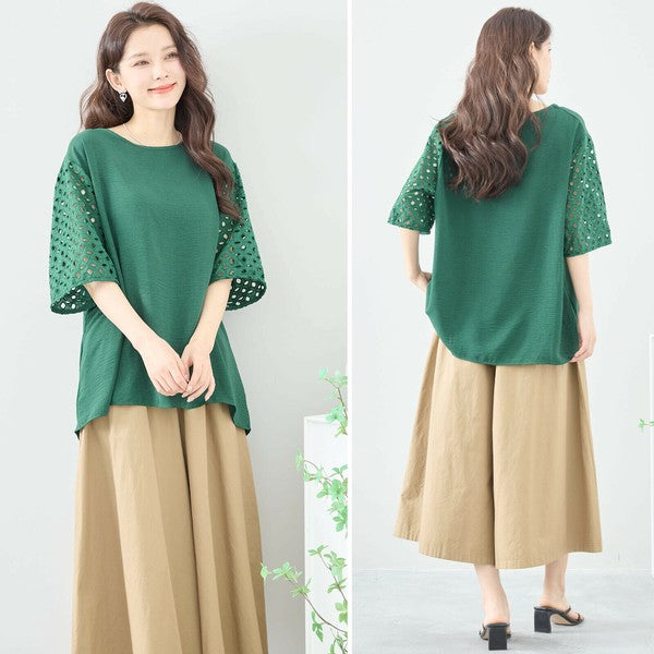 【L〜LL対応】カットワーク刺繍スリーブトップス|ゆったりめ 夏 涼しい 半袖 ブラウス ポリエステル 綿 C31-1730A