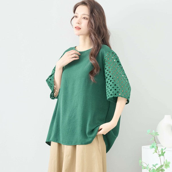 【L〜LL対応】カットワーク刺繍スリーブトップス|ゆったりめ 夏 涼しい 半袖 ブラウス ポリエステル 綿 C31-1730A