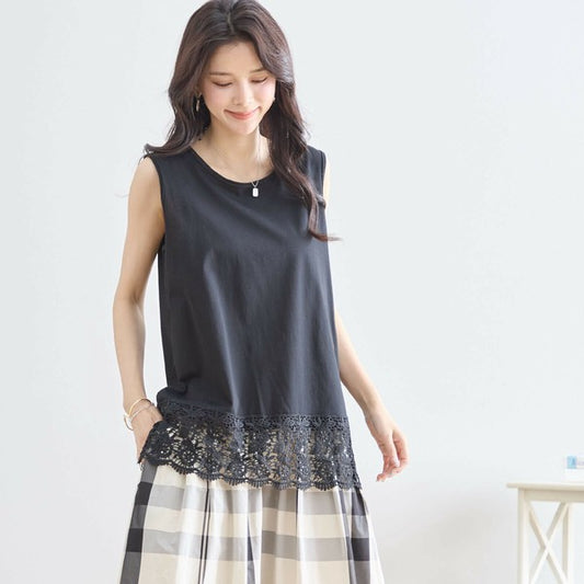タンクトップ L~LL 大きいサイズ 裾レース ノースリーブ カットソー チュニック レディース 夏/N13-140