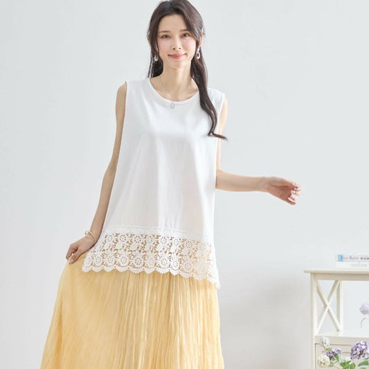 タンクトップ L~LL 大きいサイズ 裾レース ノースリーブ カットソー チュニック レディース 夏/N13-140